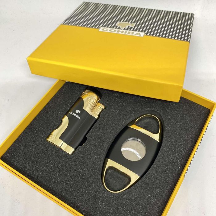 Турбо-зажигалка Cohiba черно-золотистого цвета и гильотина в наборе