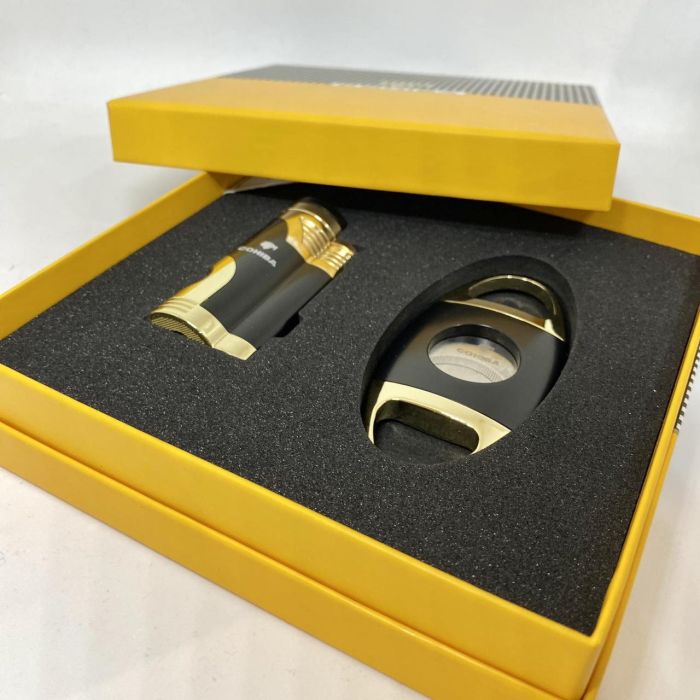 Турбо-зажигалка Cohiba черно-золотистого цвета и гильотина в наборе