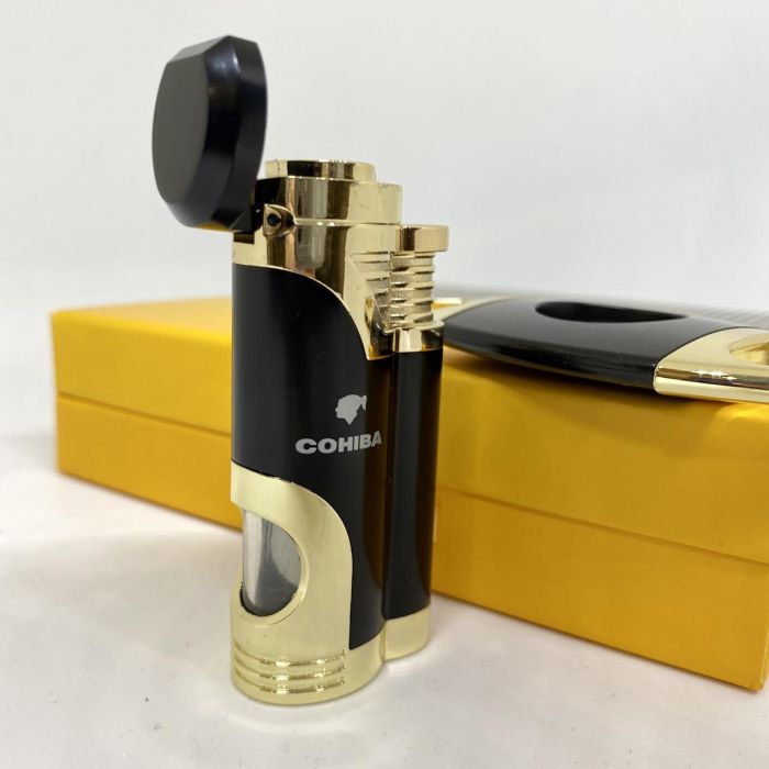 Турбо-зажигалка Cohiba черно-золотистого цвета и гильотина в наборе