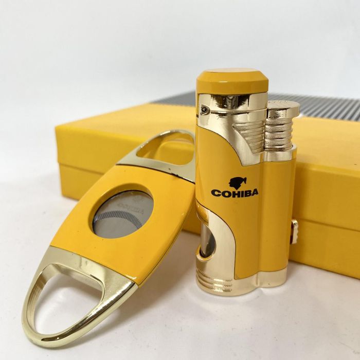 Турбо-зажигалка Cohiba и гильотина желто-золотистого цвета в наборе