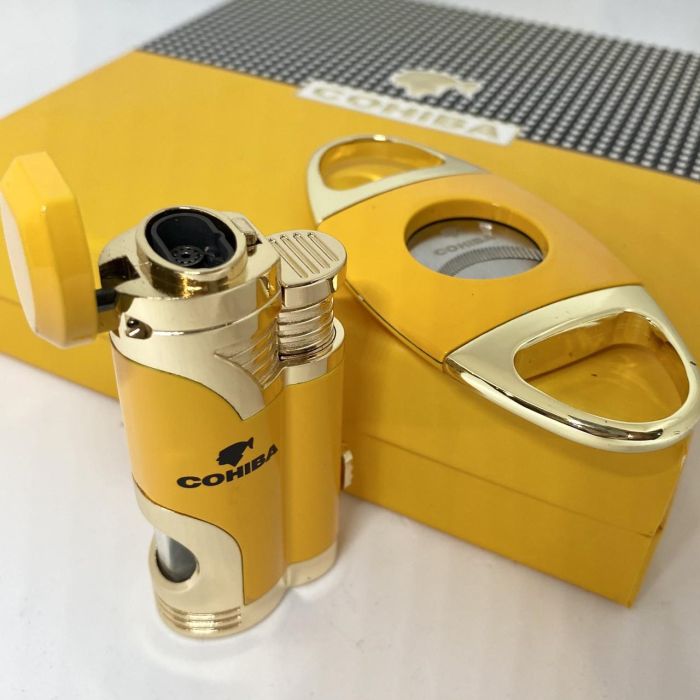 Турбо-зажигалка Cohiba и гильотина желто-золотистого цвета в наборе