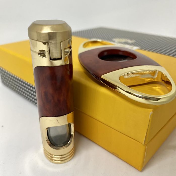 Турбо-зажигалка Cohiba и гильотина коричнево-золотистого цвета в наборе