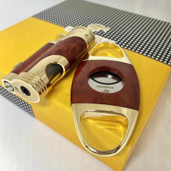 Турбо-зажигалка Cohiba и гильотина коричнево-золотистого цвета в наборе