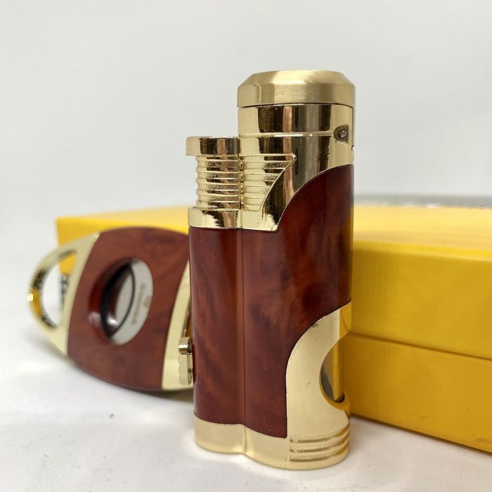 Турбо-зажигалка Cohiba и гильотина коричнево-золотистого цвета в наборе
