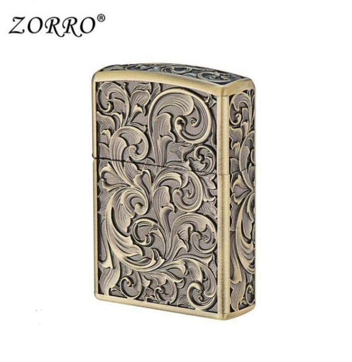 Бензиновая зажигалка Zorro "Antique Brass" с художественной гравировкой Золотистая