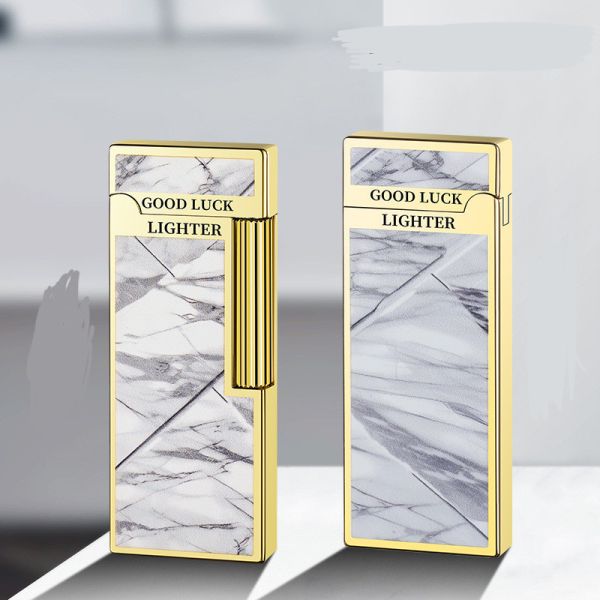 Элегантная Газовая Зажигалка HYMARS "Good Luck"- Бело-серый Мрамор и Золото