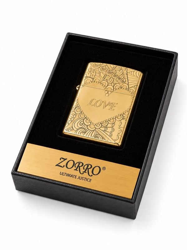Бензиновая зажигалка Zorro "LOVE" (Лантинна, Золотистая) в подарочной упаковке