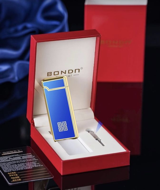 Газовая кремниевая зажигалка Bondn в подарочной упаковке - Золото с Синим Глянцев
