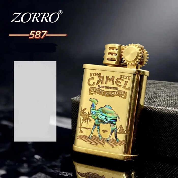 Бензиновая зажигалка ZORRO 587 Brass в стиле Репид / Стимпанк с инкрустацией перламутром (Camel / Bear)